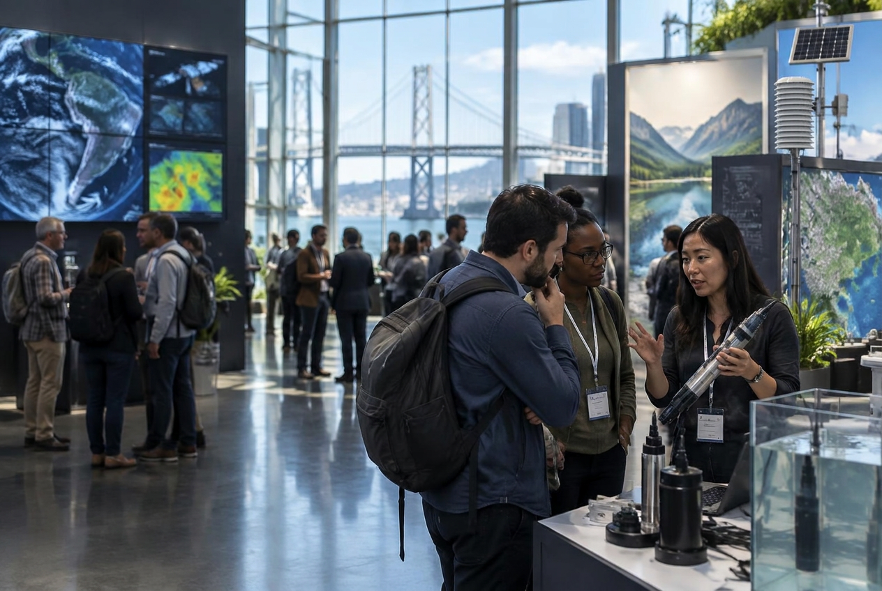Scientists discussing field sensors on an exhibit hall floor